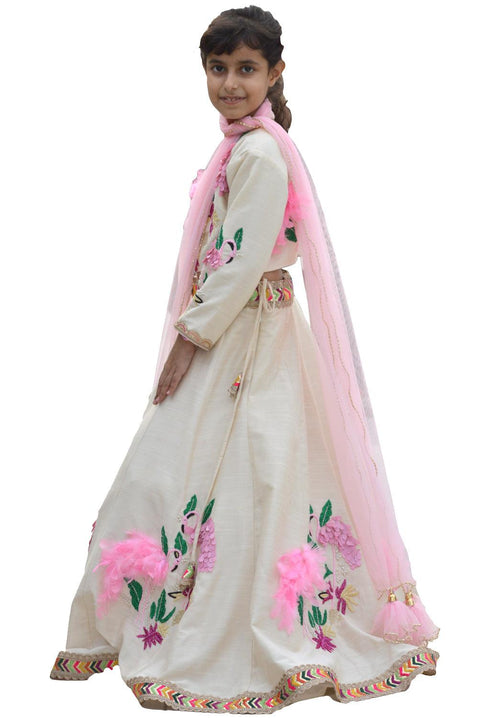 Off White Flamingo Lehenga